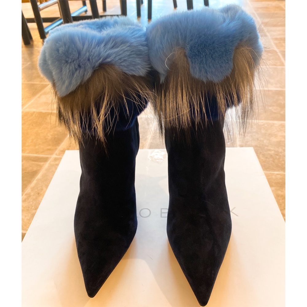 Manolo Blahnik Navy Blue Suede Boot with Fur 7/37